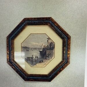 Vintage Octagon Framed Nautical Scene Art Print Coastal Home Decor